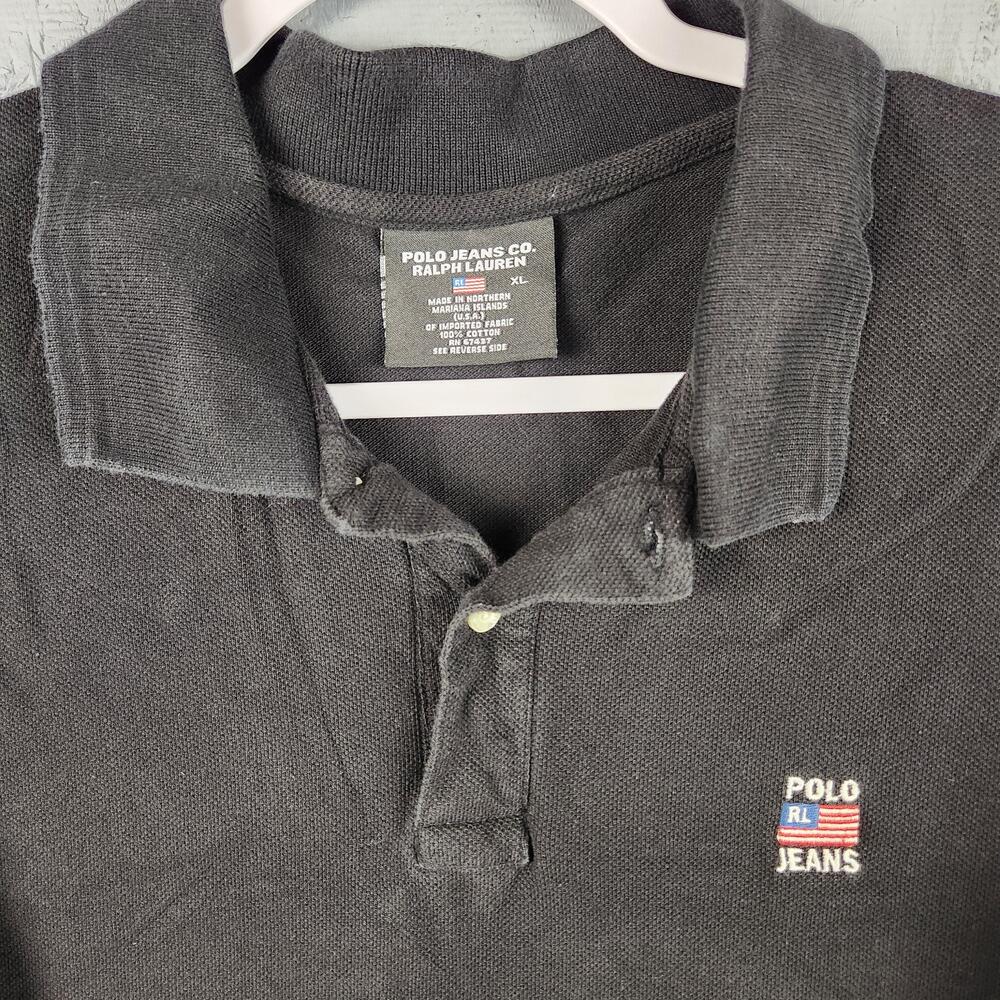 Vintage Polo Jeans Co Polo Shirt Mens XL Black Ralph Lauren Flag Logo 90s Y2K
